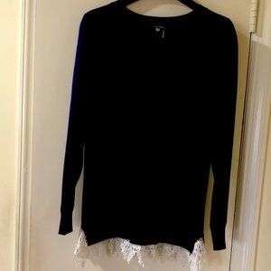 Milano Black Blouse with White Lace Trim